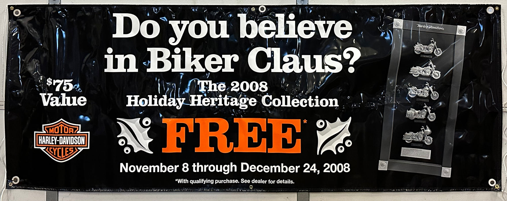 Harley Davidson Dealer Showroom Banner "Do You Believe in Biker Clause?" 36"x 94   - TvMovieCards.com