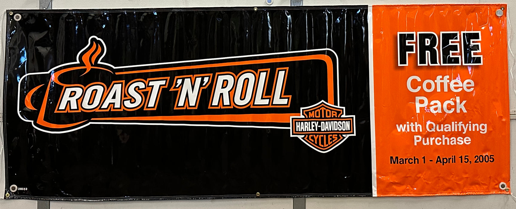 2005 Harley Davidson Dealer Showroom Banner "Roast 'n' Roll Coffee" 36" x 94   - TvMovieCards.com