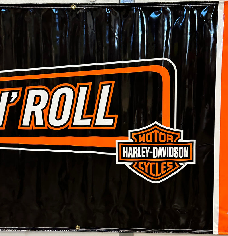2005 Harley Davidson Dealer Showroom Banner "Roast 'n' Roll Coffee" 36" x 94   - TvMovieCards.com