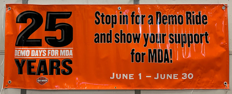 Harley Davidson Dealer Showroom Banner "Demo Days for MDA - 25 Years" 36" x 94   - TvMovieCards.com