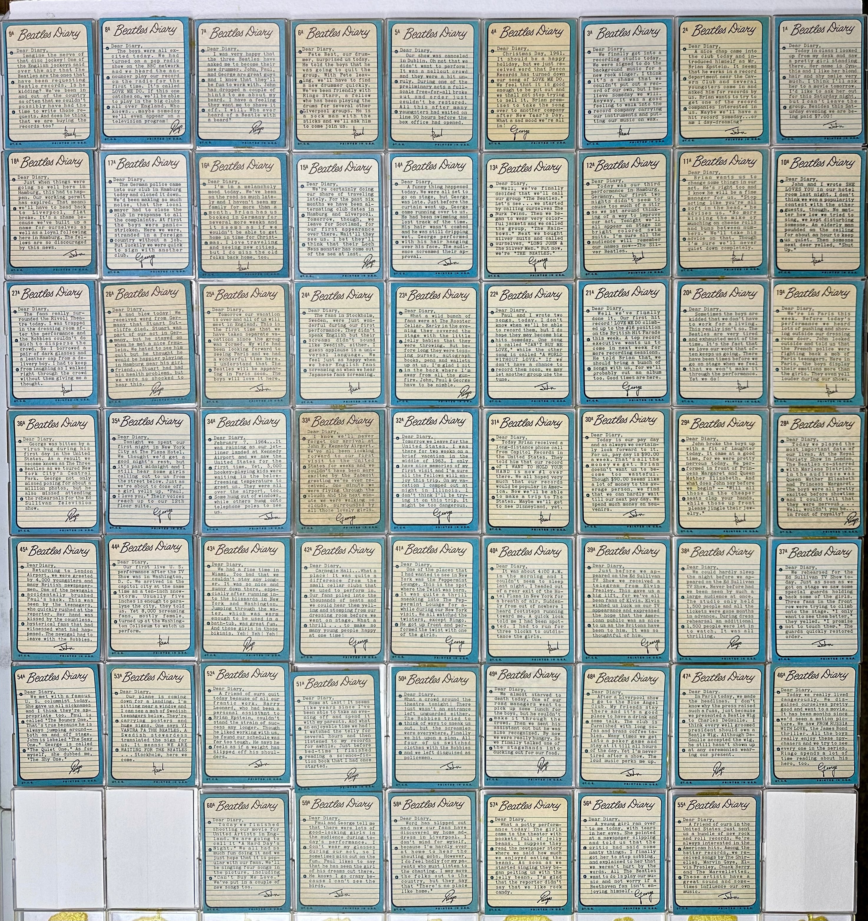 1964 Beatles Diary Complete Vintage Trading Card Set 60 cards #1A
