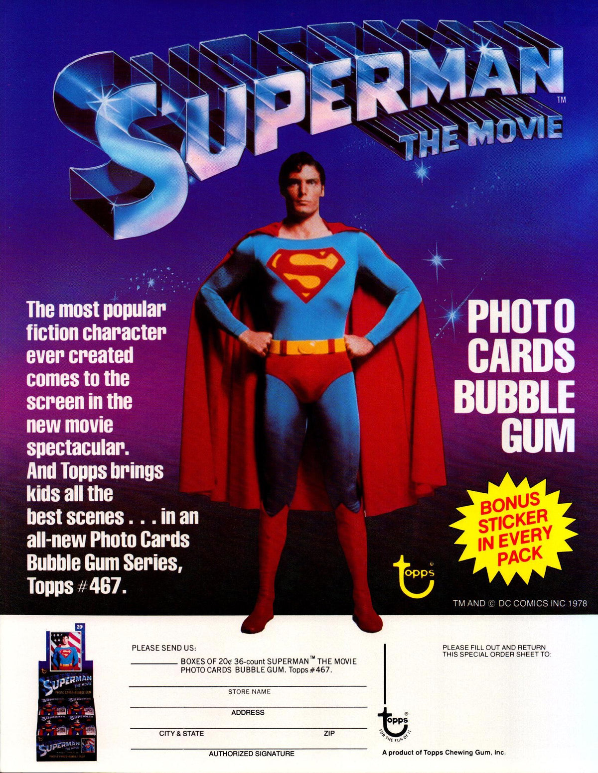 Superman The Movie Trading Cards Dealer Sell Sheet Sale Ad Topps