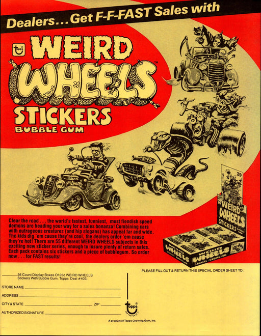 Weird Wheels Stickers Trading Cards Dealer Sell Sheet Sale Ad Topps 1980   - TvMovieCards.com