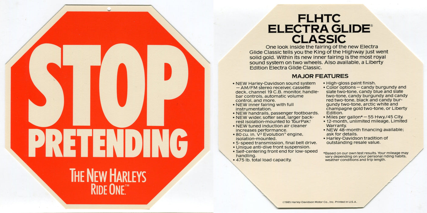 1985 Harley Davidson FLHTC Electra Glide Classic Stop Pretending Dealer Hang Tag   - TvMovieCards.com