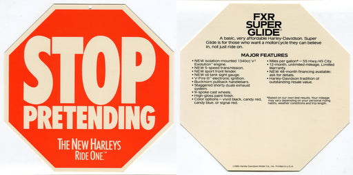 1985 Harley Davidson FXR Super Glide "Stop Pretending" Dealer Hang Tag Display   - TvMovieCards.com