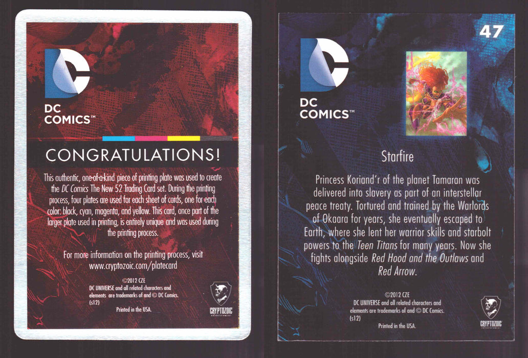 2012 DC Comics The New 52 Base Card Printing Plate #47 Starfire Black   - TvMovieCards.com