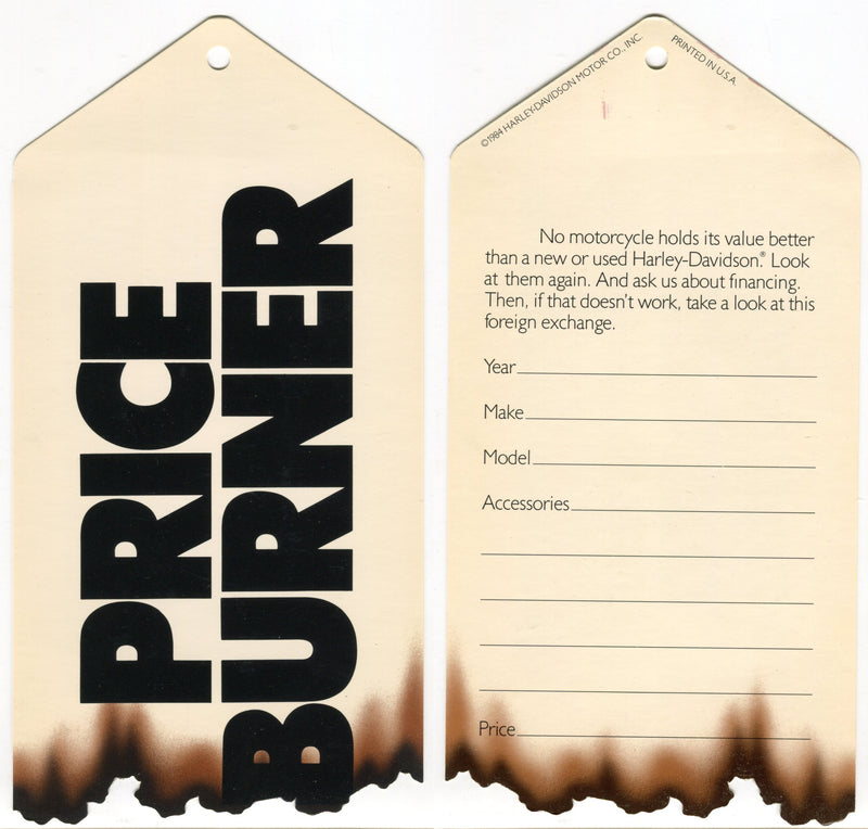 1984 Harley Davidson USED Motorcycles "Price Burner" Dealer Hang Tag NOS   - TvMovieCards.com