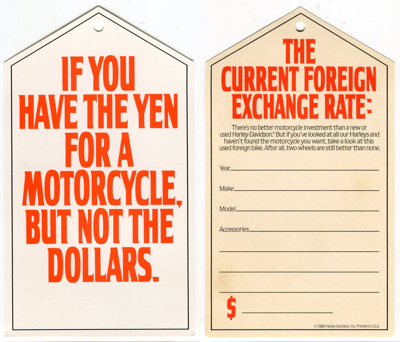 1986 Harley Davidson USED Motorcycles "If You Have The Yen" Dealer Hang Tag NOS   - TvMovieCards.com