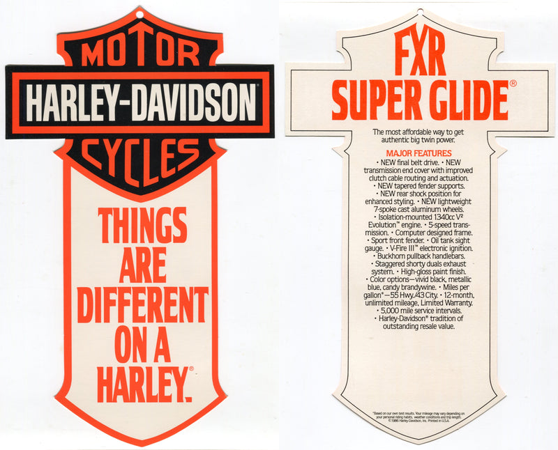 1986 Harley Davidson FXR Super Glide "Things Are Different" Dealer Hang Tag   - TvMovieCards.com