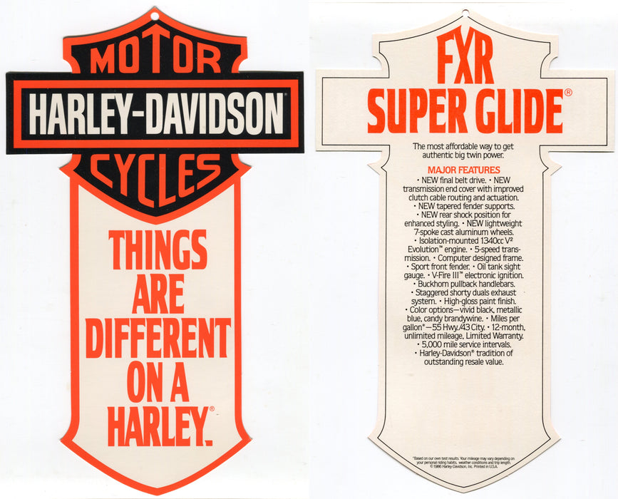 1986 Harley Davidson FXR Super Glide "Things Are Different" Dealer Hang Tag   - TvMovieCards.com