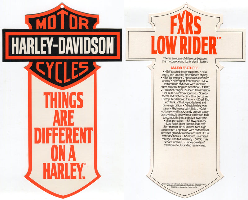 1987 Harley Davidson FXRS Low Rider "Things Are Different" Dealer Hang Tag   - TvMovieCards.com