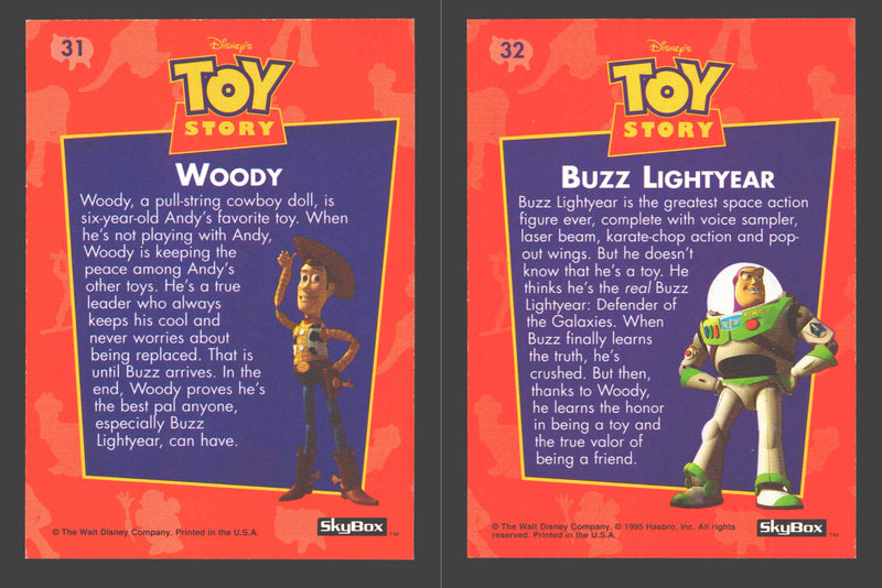 Toy Story Series 1 Disney Movie Woody #31 & Buzz Lightyear #32 Rookie Card Skybox