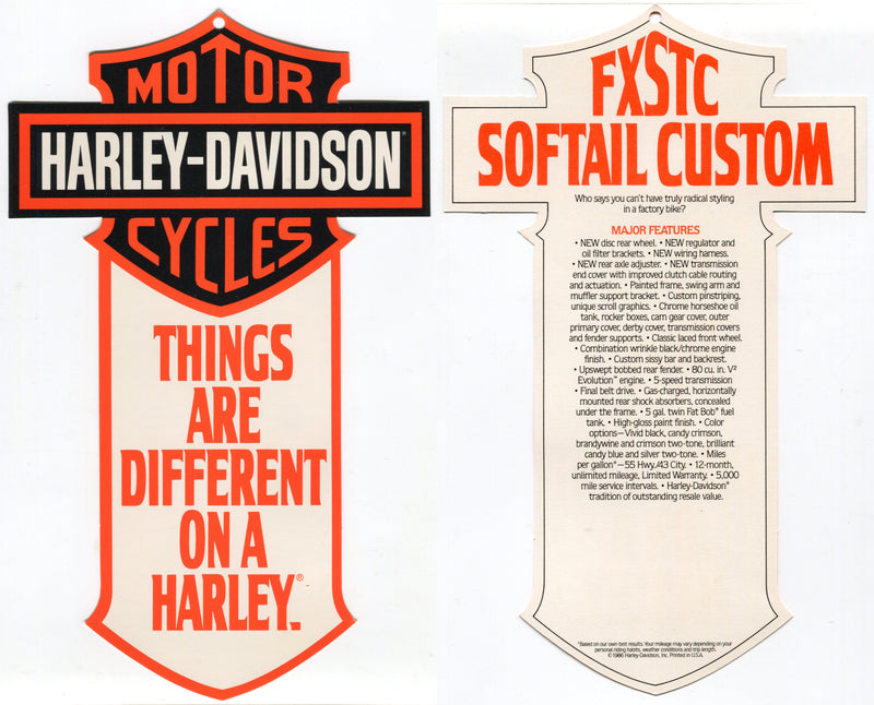 1987 Harley Davidson FXSTC Softail Custom "Things Are Different" Dealer Hang Tag   - TvMovieCards.com