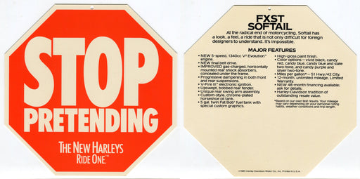 1985 Harley Davidson FXST Softail "Stop Pretending" Dealer Hang Tag Display   - TvMovieCards.com