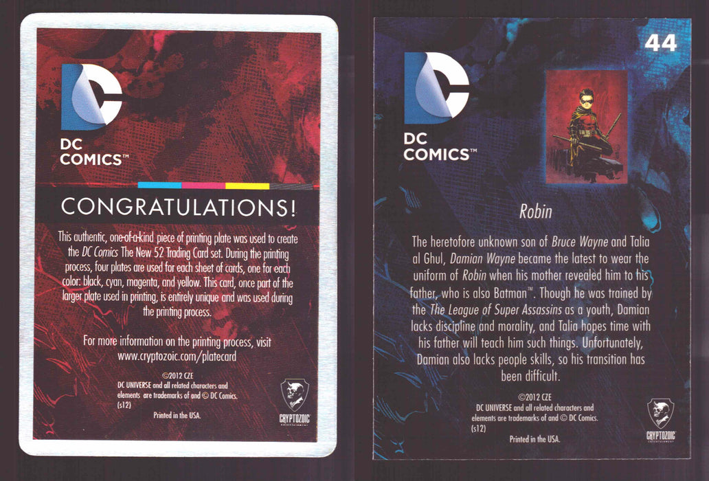 2012 DC Comics The New 52 Base Card Printing Plate #44 Robin Black   - TvMovieCards.com