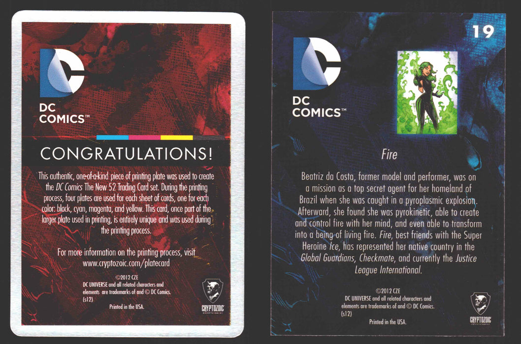 2012 DC Comics The New 52 Base Card Printing Plate #19 Fire 1/1 Cyan