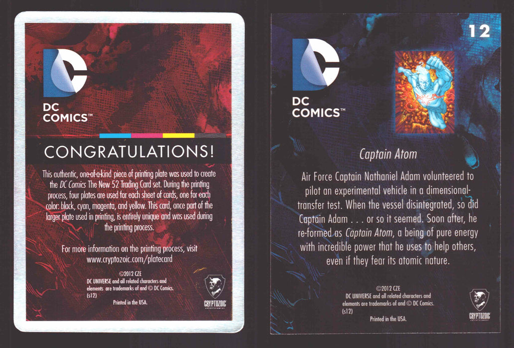 2012 DC Comics The New 52 Base Card Printing Plate 1/1 #12 Captain Atom Black   - TvMovieCards.com