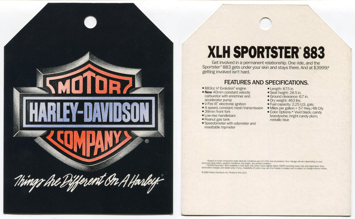 1989 Harley Davidson XLH Sportster 883 "Things Are Different" Dealer Hang Tag   - TvMovieCards.com