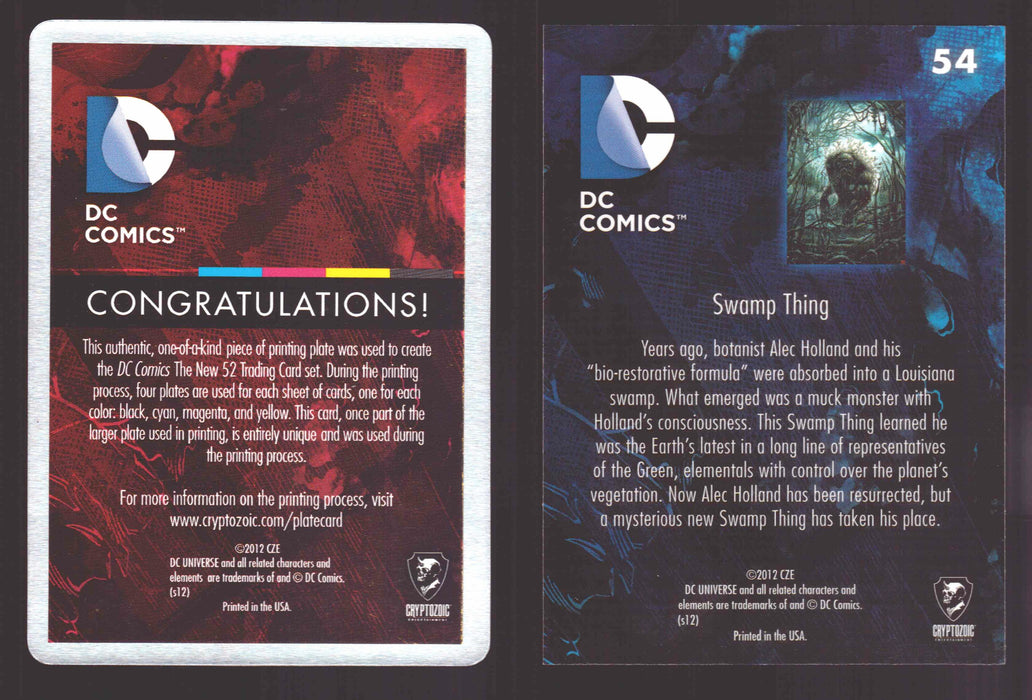 2012 DC Comics The New 52 Base Card Printing Plate 1/1 #54 Swamp Thing Yellow   - TvMovieCards.com