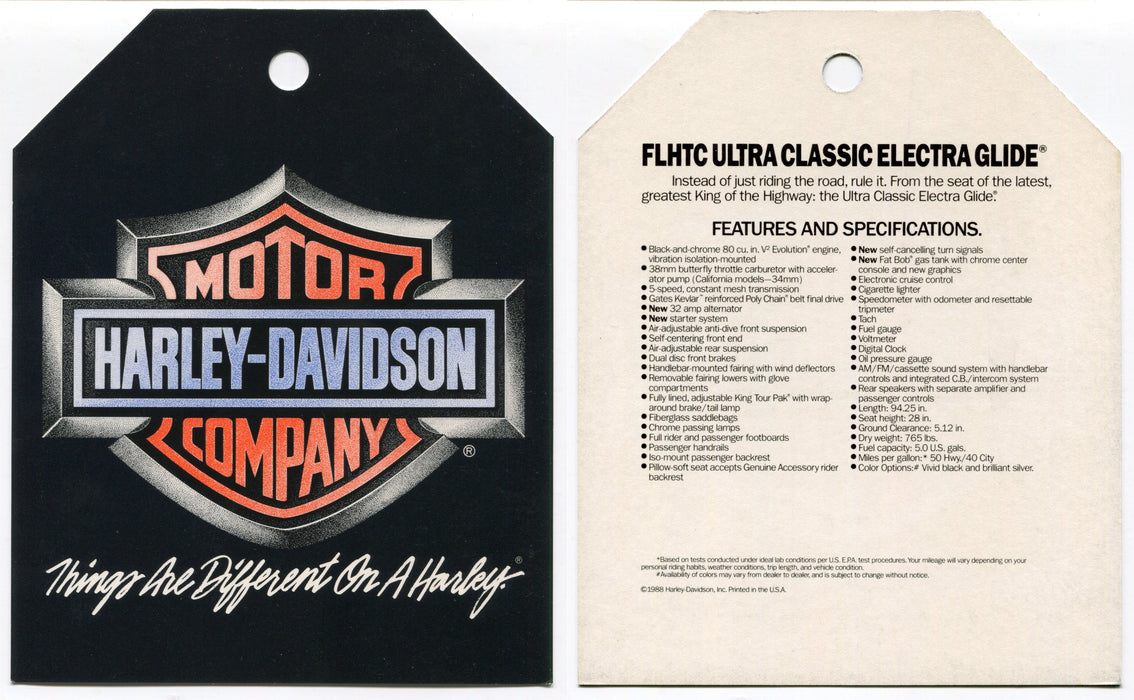 1989 Harley Davidson FLHTC Ultra Classic Electra Glide Dealer Hang Tag   - TvMovieCards.com