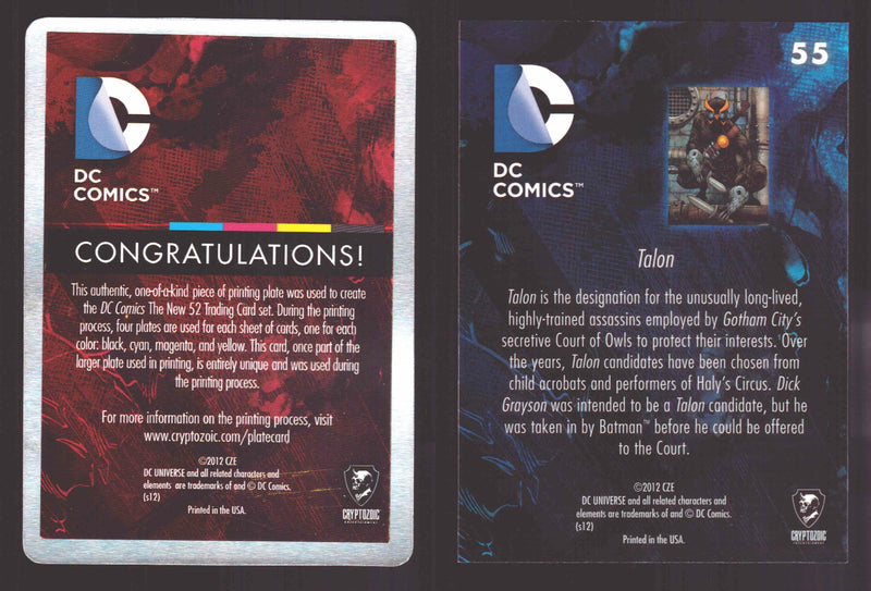 2012 DC Comics The New 52 Base Card Printing Plate 1/1 #55 Talon Cyan   - TvMovieCards.com