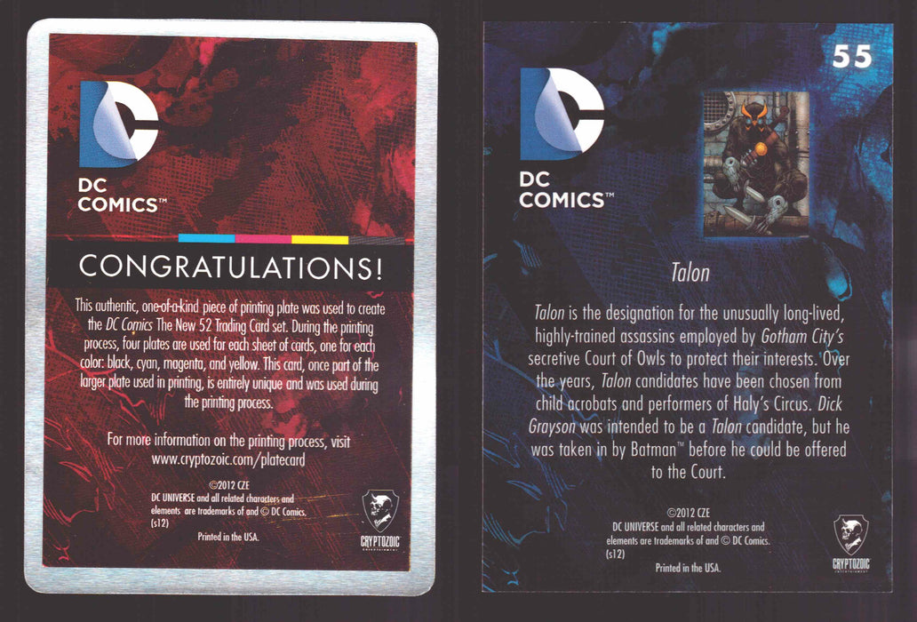 2012 DC Comics The New 52 Base Card Printing Plate 1/1 #55 Talon Cyan   - TvMovieCards.com