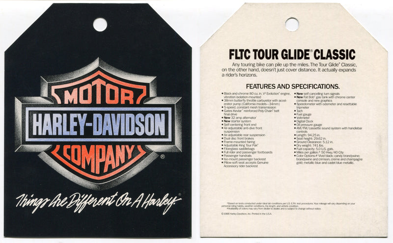 1989 Harley Davidson FLTC Tour Glide Classic Dealer Hang Tag   - TvMovieCards.com