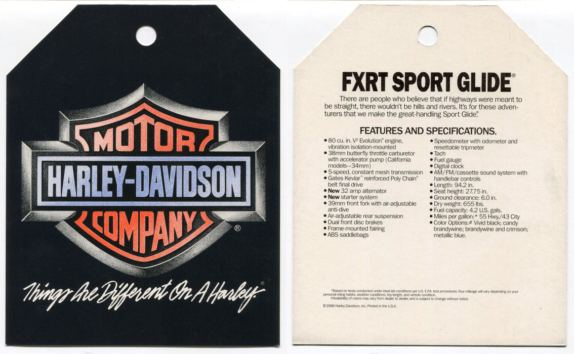 1989 Harley Davidson FXRT Sport Glide "Things Are Different" Dealer Hang Tag   - TvMovieCards.com