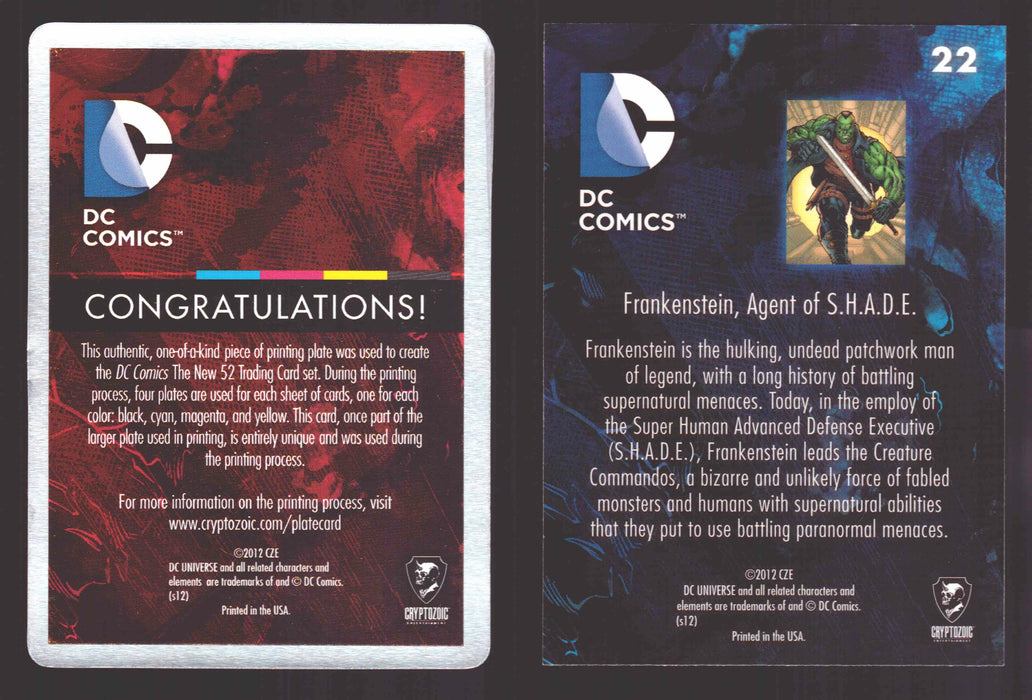 2012 DC Comics The New 52 Base Card Printing Plate 1/1 #22 Frankenstein Magenta   - TvMovieCards.com