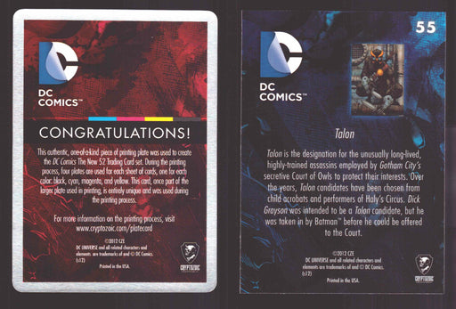 2012 DC Comics The New 52 Base Card Printing Plate 1/1 #55 Talon Yellow   - TvMovieCards.com