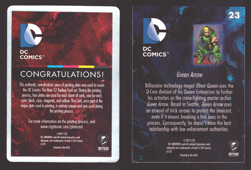 2012 DC Comics The New 52 Base Card Printing Plate 1/1 #23 Green Arrow Cyan   - TvMovieCards.com