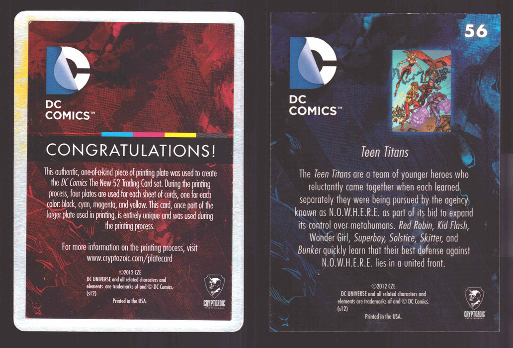 2012 DC Comics The New 52 Base Card Printing Plate 1/1 #56 Teen Titans Cyan   - TvMovieCards.com