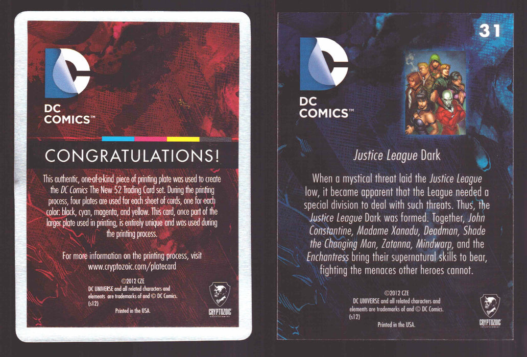 2012 DC Comics The New 52 Base Card Printing Plate 1/1 #31 Justice League Dark   - TvMovieCards.com