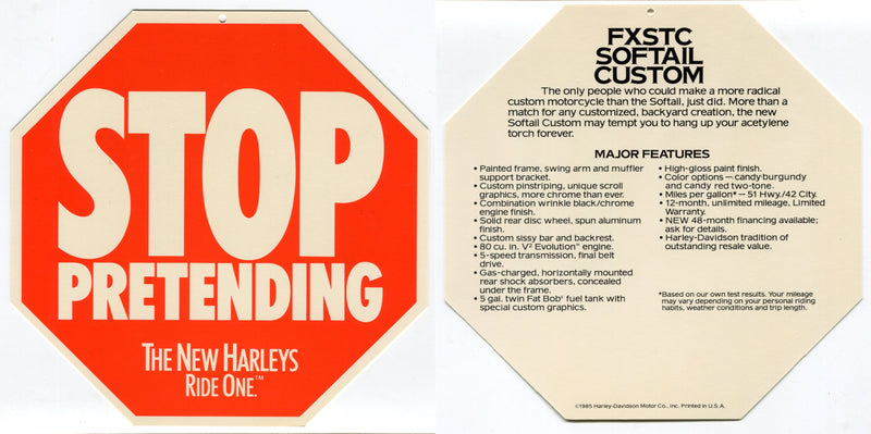 1985 Harley Davidson FXSTC Softail Custom "Stop Pretending" Dealer Hang Tag Disp   - TvMovieCards.com
