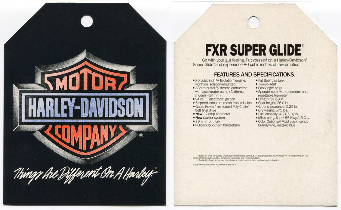 1989 Harley Davidson FXR Super Glide "Things Are Different" Dealer Hang Tag   - TvMovieCards.com