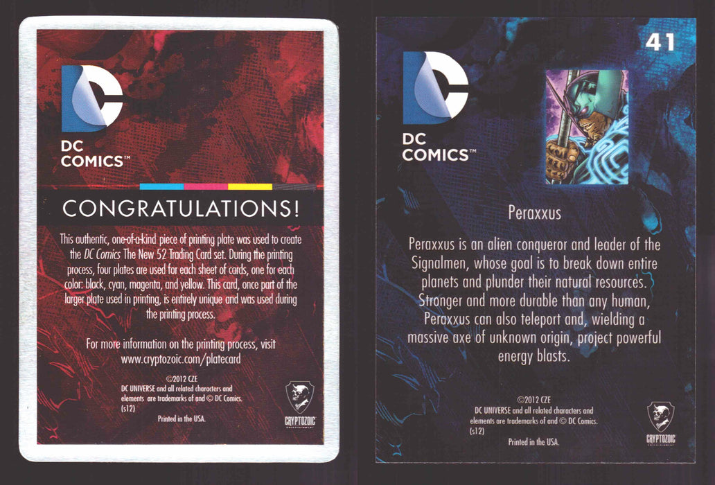 2012 DC Comics The New 52 Base Card Printing Plate 1/1 #41 Peraxxus Yellow   - TvMovieCards.com