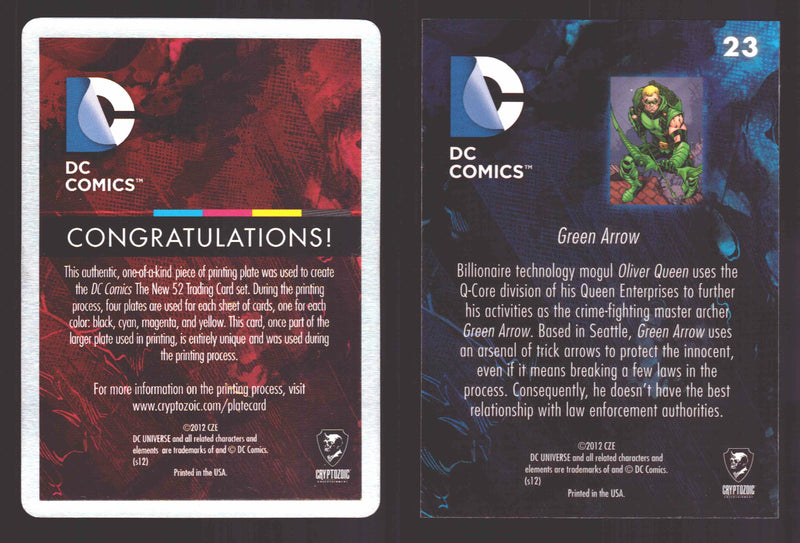 2012 DC Comics The New 52 Base Card Printing Plate 1/1 #23 Green Arrow Yellow   - TvMovieCards.com