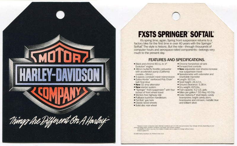 1989 Harley Davidson FXSTS Springer Softail Things Are Different Dealer Hang Tag   - TvMovieCards.com