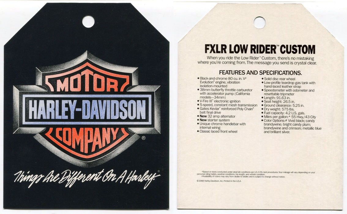 1989 Harley Davidson FXLR Low Rider Custom "Things Are Different Dealer Hang Tag   - TvMovieCards.com