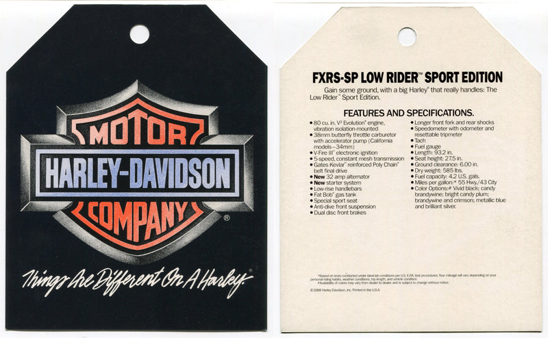 1989 Harley Davidson FXRS-SP Lower Rider Sport Edition Dealer Hang Tag   - TvMovieCards.com
