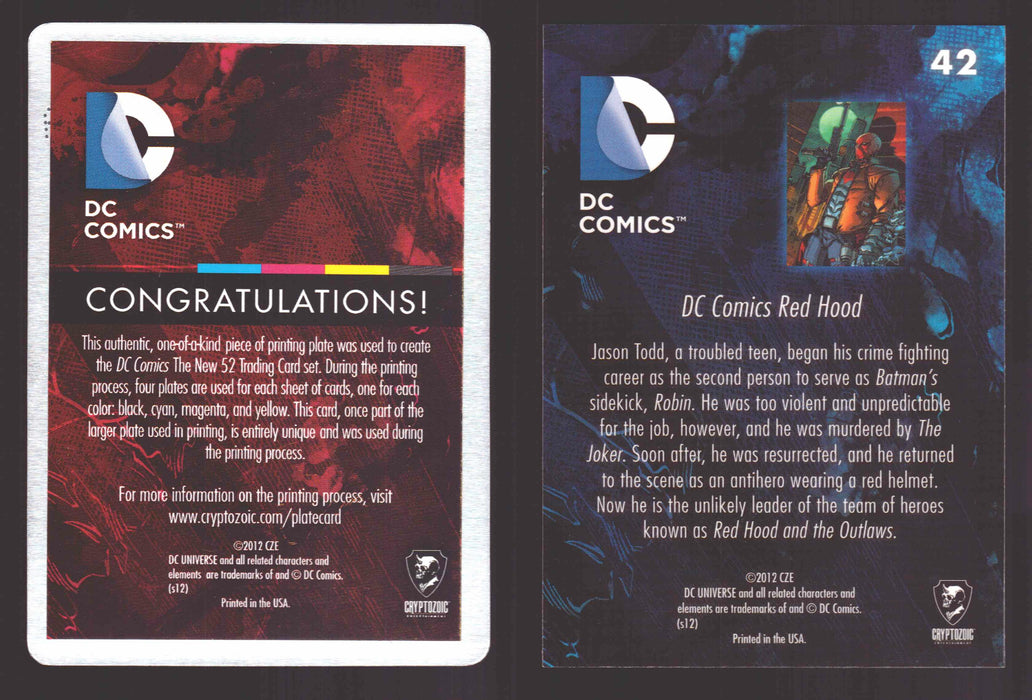2012 DC Comics The New 52 Base Card Printing Plate 1/1 #42 Red Hood Yellow   - TvMovieCards.com