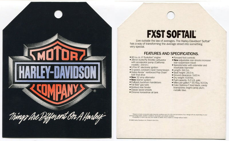 1989 Harley Davidson FXST Softail "Things Are Different" Dealer Hang Tag   - TvMovieCards.com