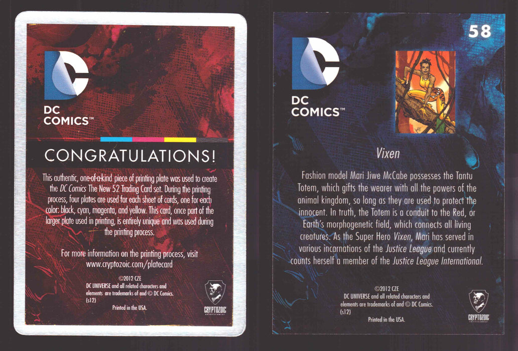 2012 DC Comics The New 52 Base Card Printing Plate 1/1 #58 Vixen Black   - TvMovieCards.com