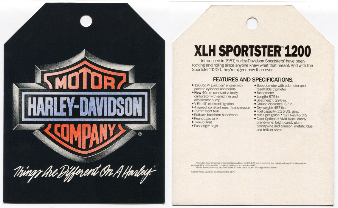 1989 Harley Davidson XLH Sportster 1200 "Things Are Different" Dealer Hang Tag   - TvMovieCards.com
