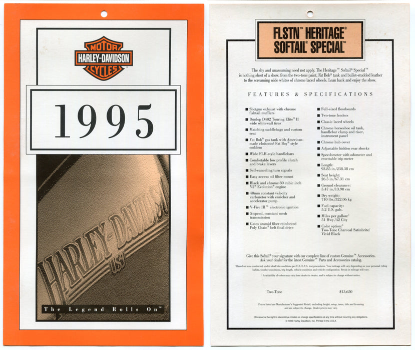 1995 Harley Davidson FLSTN Heritage Softail Special Dealer Showroom Hang Tag   - TvMovieCards.com