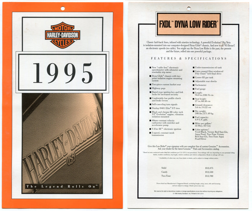 1995 Harley Davidson FXDL Dyna Low Rider Dealer Showroom Hang Tag   - TvMovieCards.com