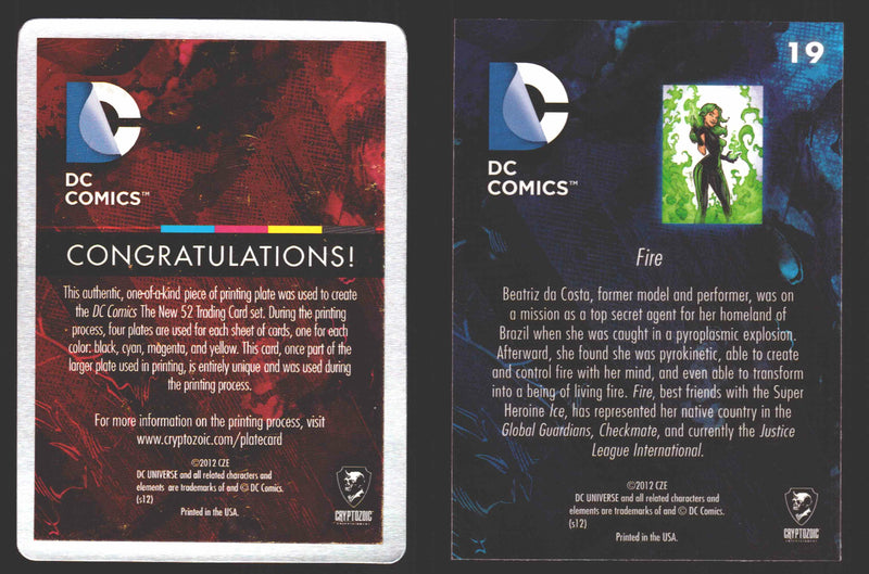 2012 DC Comics The New 52 Base Card Printing Plate #19 Fire 1/1 Black - TvMovieCards.com