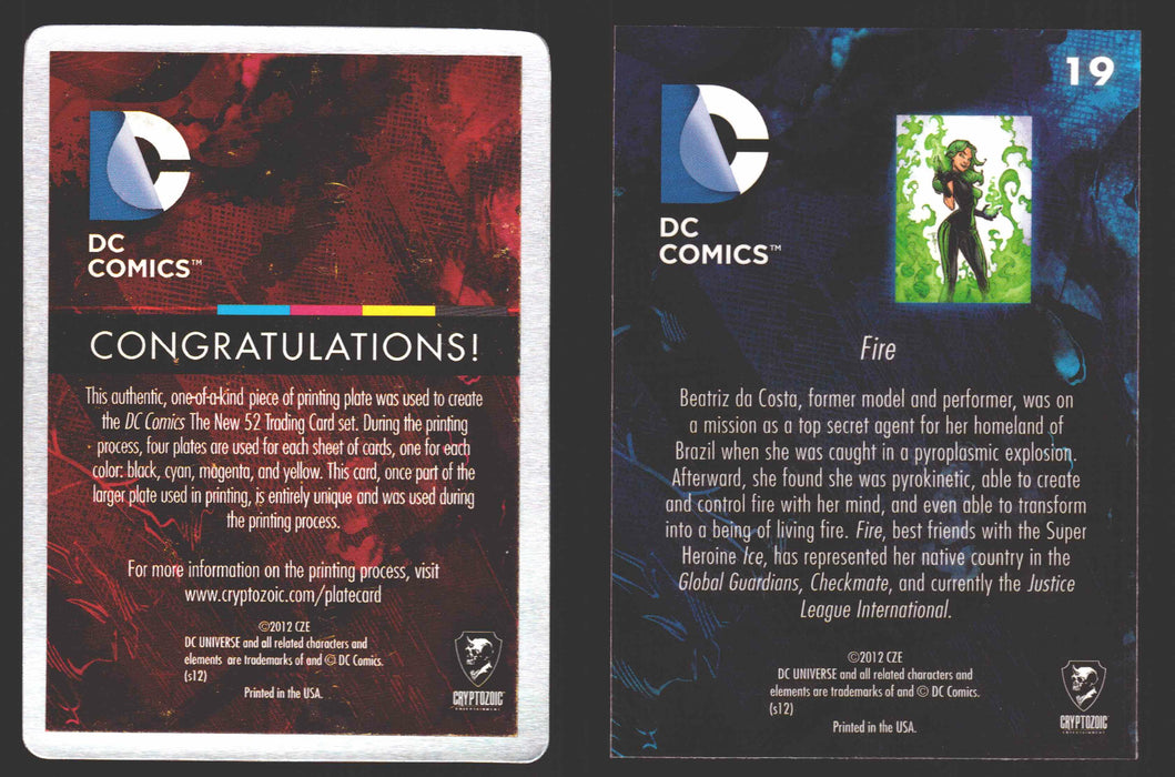 2012 DC Comics The New 52 Base Card Printing Plate #19 Fire 1/1 Black