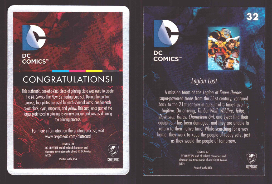 2012 DC Comics The New 52 Base Card Printing Plate 1/1 #32 Legion Lost Yellow   - TvMovieCards.com