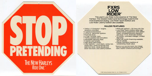 1985 Harley Davidson FXRS Low Rider "Stop Pretending" Dealer Hang Tag Display   - TvMovieCards.com